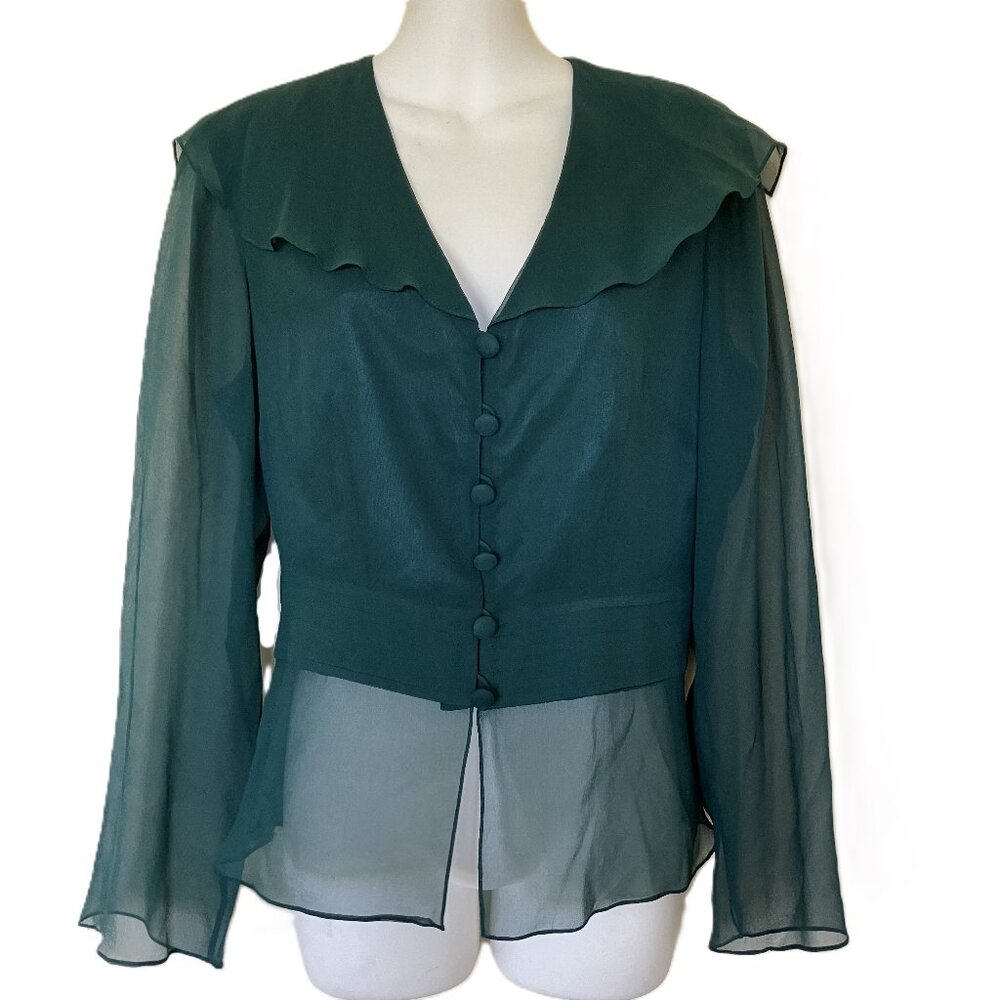 DW Studio Silk Peplum Blouse Wide Collar Sheer Long Sleeves Green David Warren